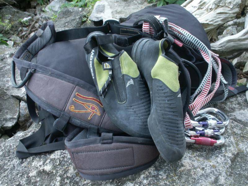 Shoes, harness and biners